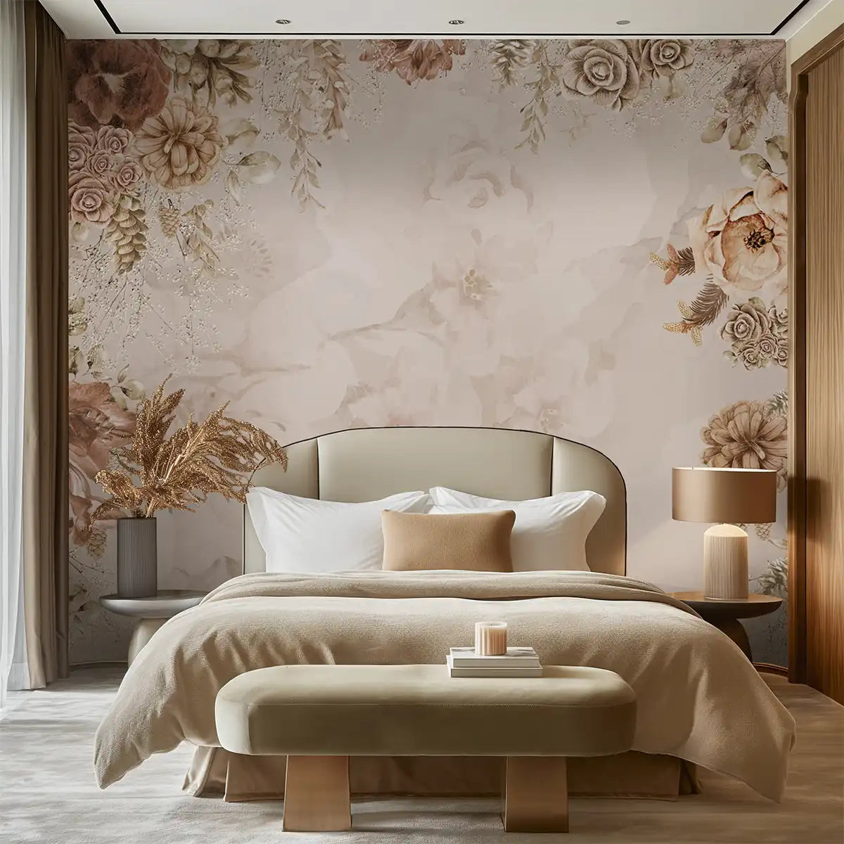 Elegant floral wallpaper in luxury bedroom
