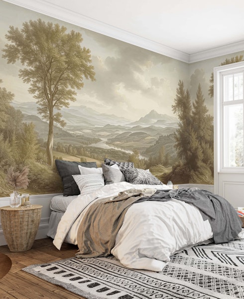 Scenic landscape mural wallpaper in bedroom